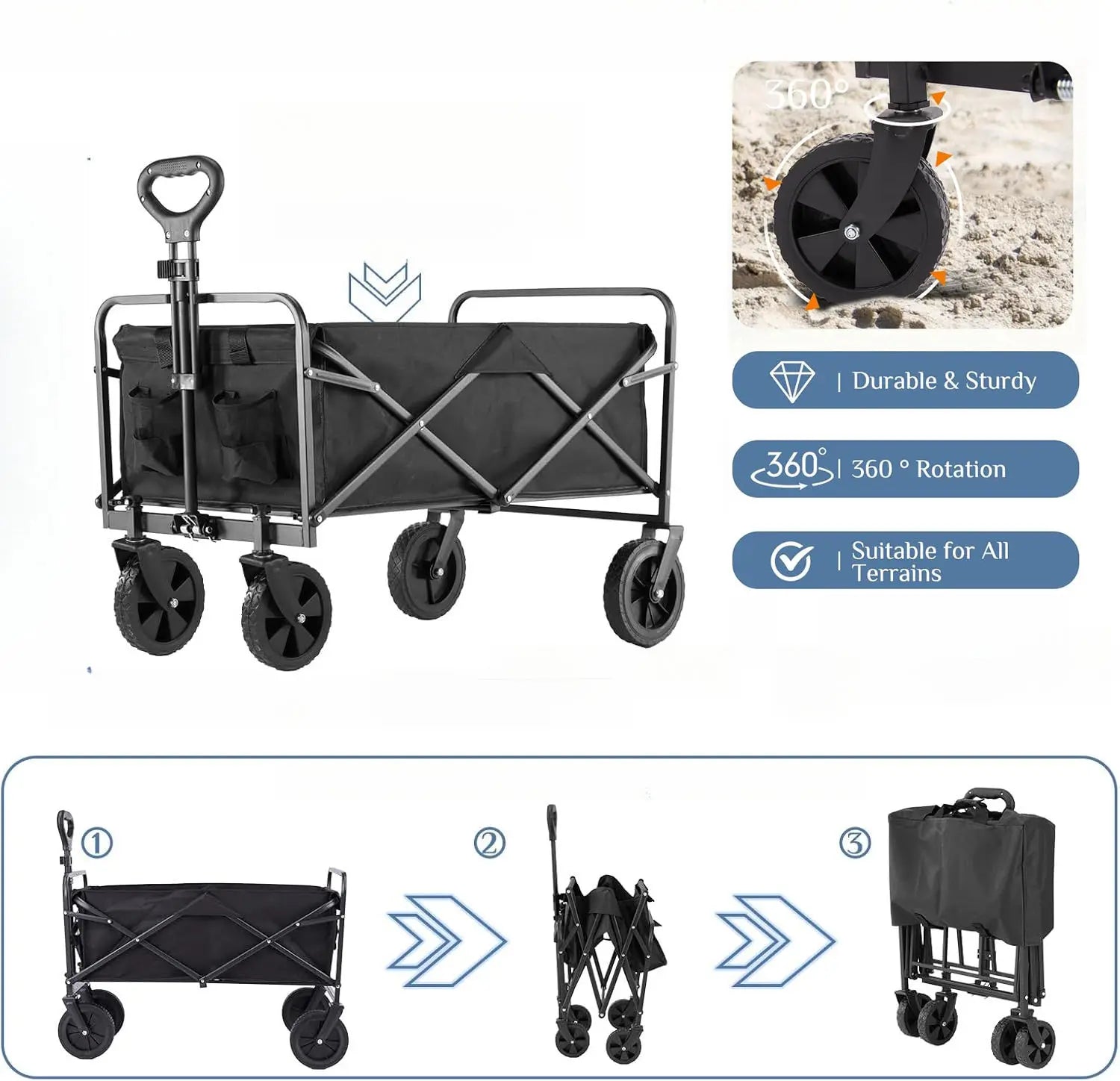 Outdoor Camping Trolley with Adjustable Handle, Large Capacity, Suitable for Garden and Beach Use