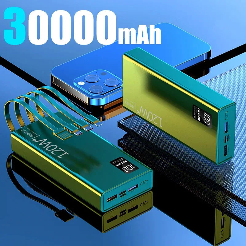 50000mah Power Bank 120W Fast Charging Built-in Cable External Large Battery Portable Charger For iPhone Samsung Xiaomi