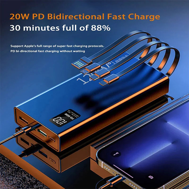 50000mah Power Bank 120W Fast Charging Built-in Cable External Large Battery Portable Charger For iPhone Samsung Xiaomi