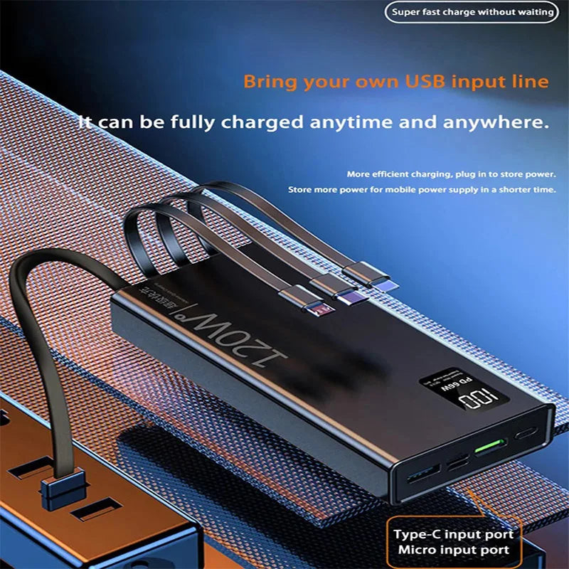 50000mah Power Bank 120W Fast Charging Built-in Cable External Large Battery Portable Charger For iPhone Samsung Xiaomi