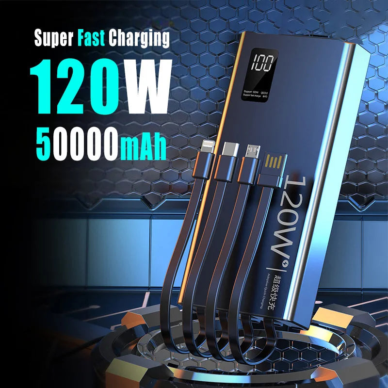 50000mah Power Bank 120W Fast Charging Built-in Cable External Large Battery Portable Charger For iPhone Samsung Xiaomi
