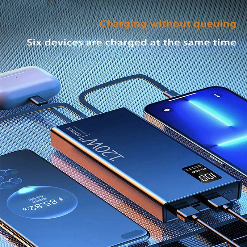 50000mah Power Bank 120W Fast Charging Built-in Cable External Large Battery Portable Charger For iPhone Samsung Xiaomi