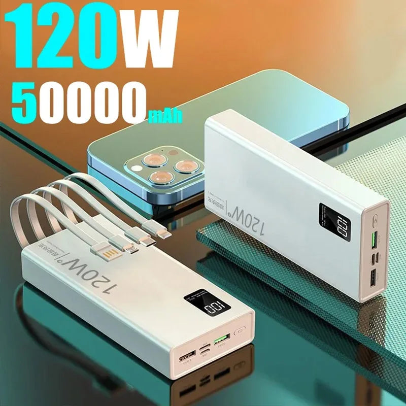 50000mah Power Bank 120W Fast Charging Built-in Cable External Large Battery Portable Charger For iPhone Samsung Xiaomi
